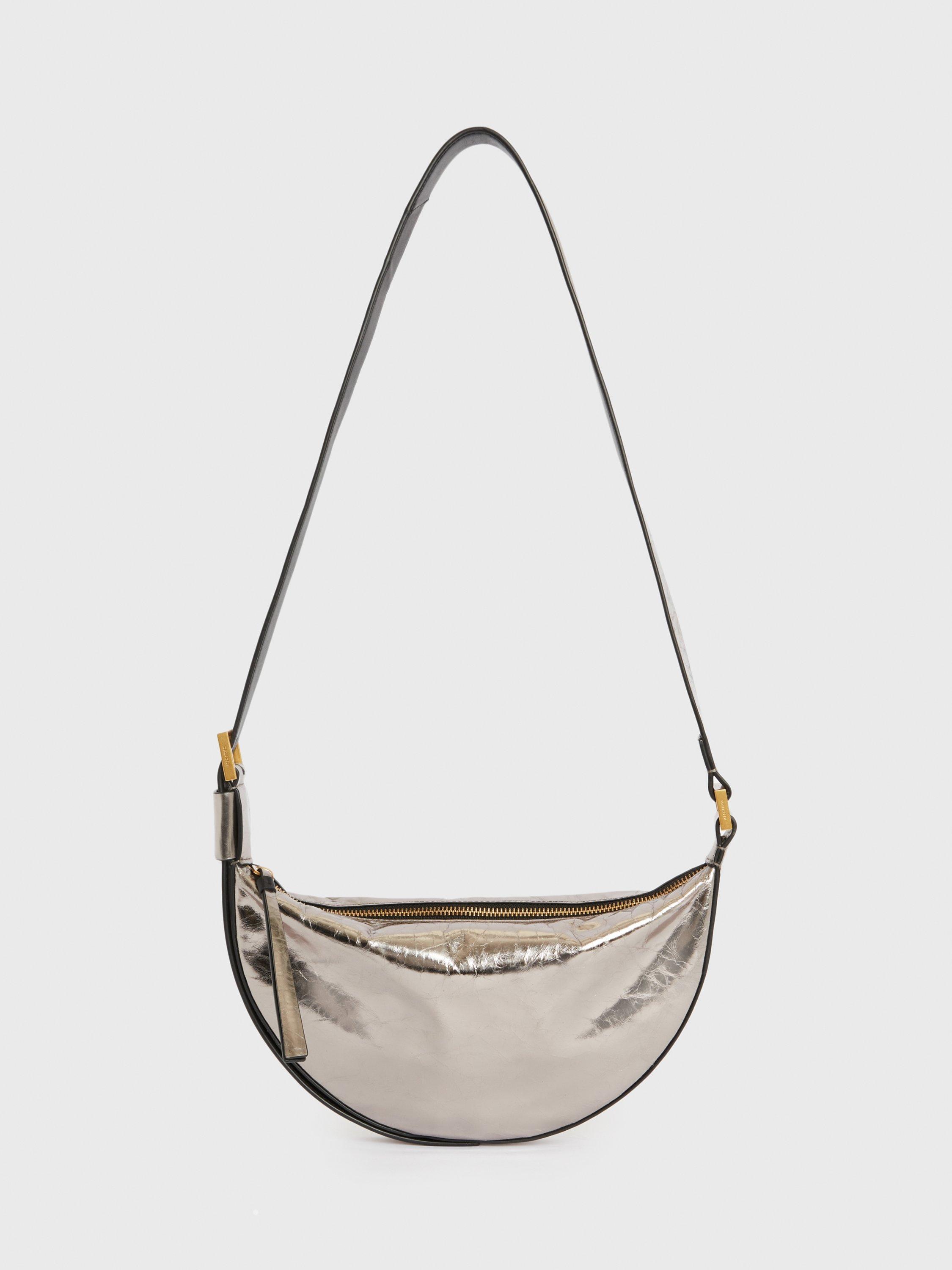 AllSaints Half Moon Metallic Leather Crossbody Bag, Pewter