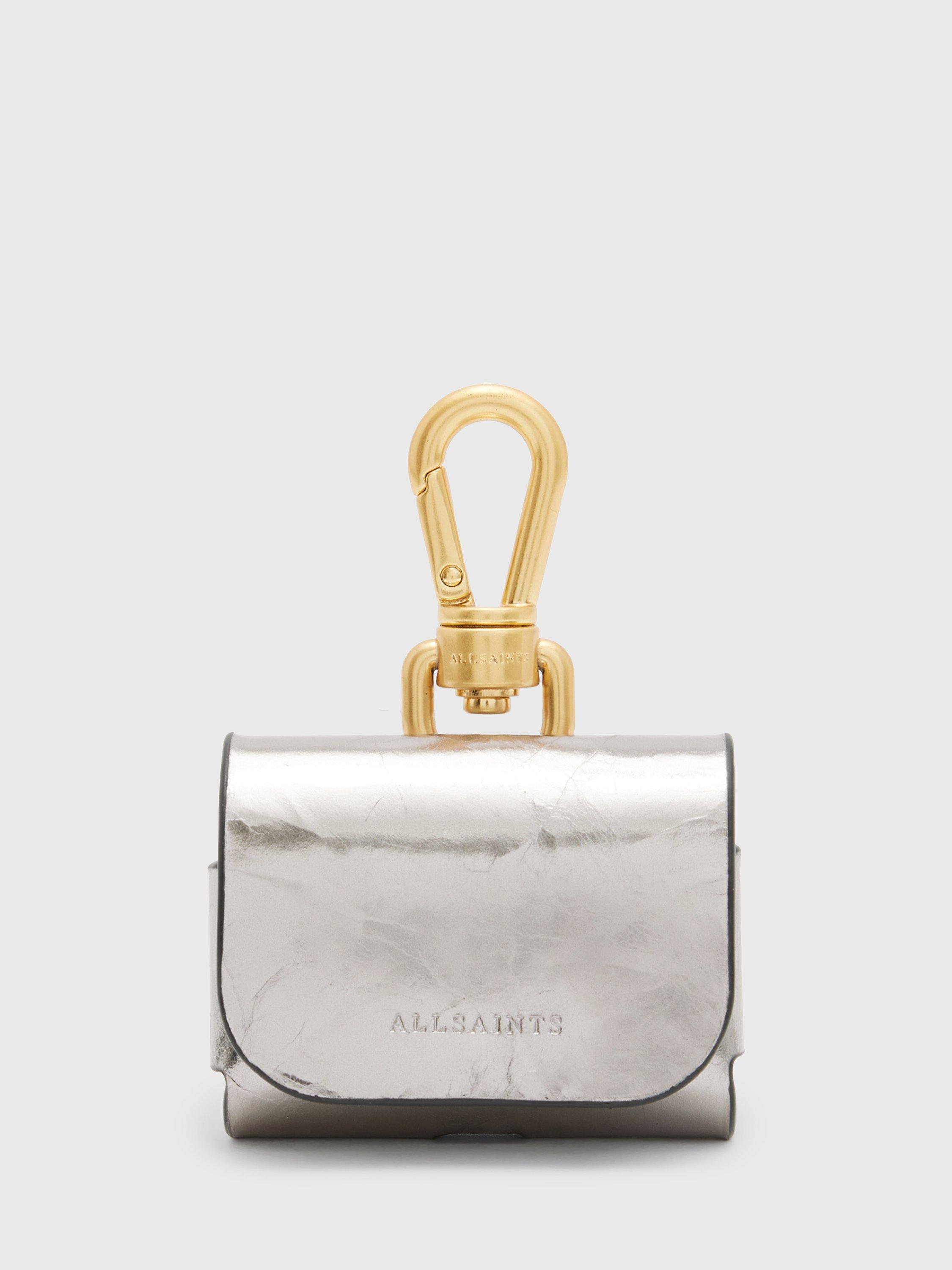 AllSaints AirPod Metallic Leather Carabiner Clip Case, Pewter