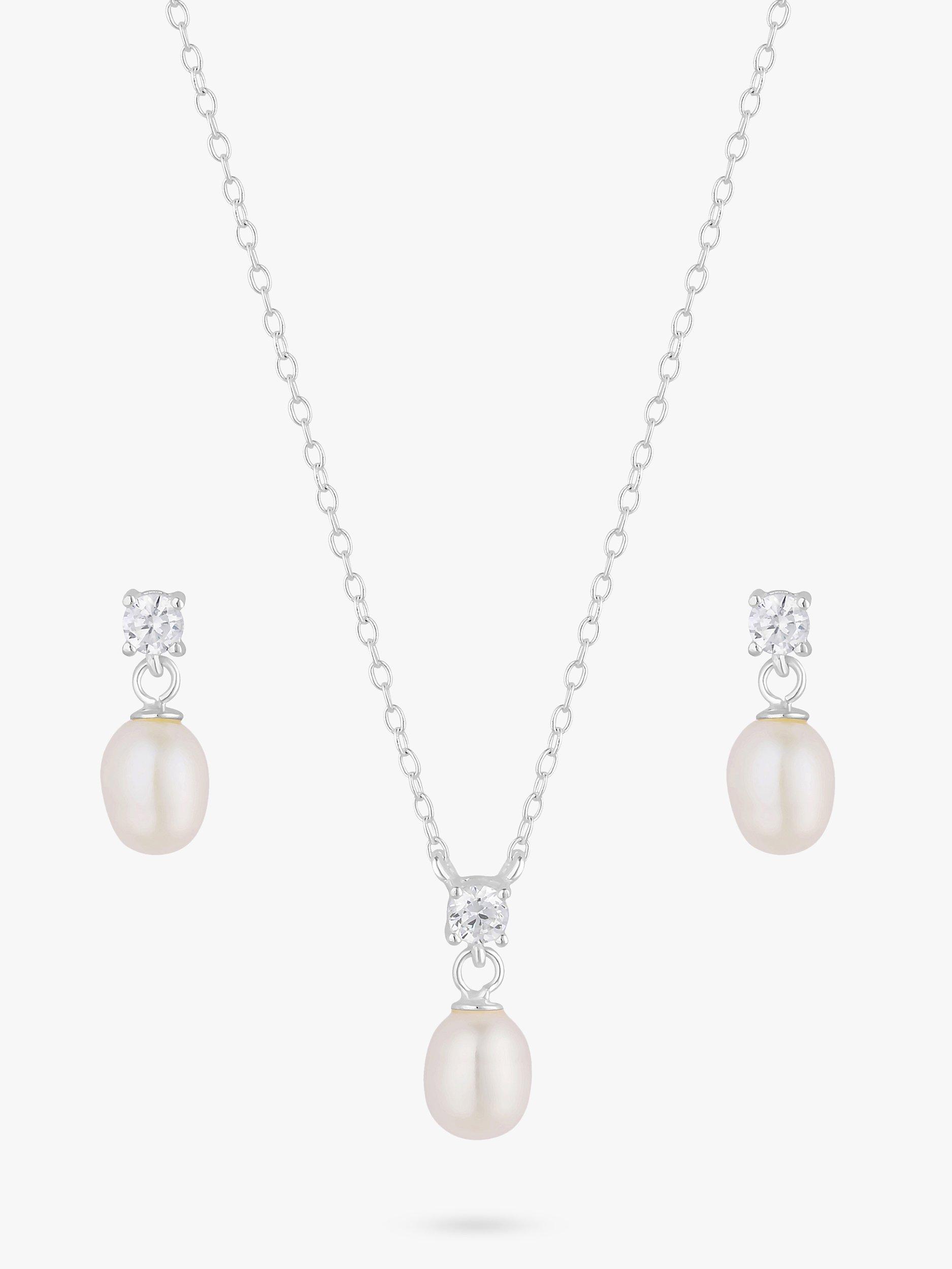 Simply Silver Freshwater Pearl & Cubic Zirconia Pendant Necklace & Drop Earrings Jewellery Set, Silver