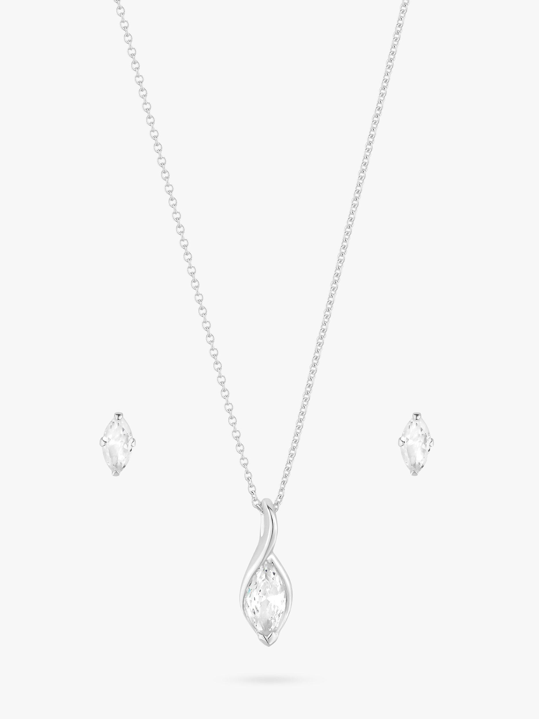 Product image 1 of 4, which shows Simply Silver Cubic Zirconia Marquisse Navette Pendant Necklace & Stud Earrings Jewellery Set, Silver
