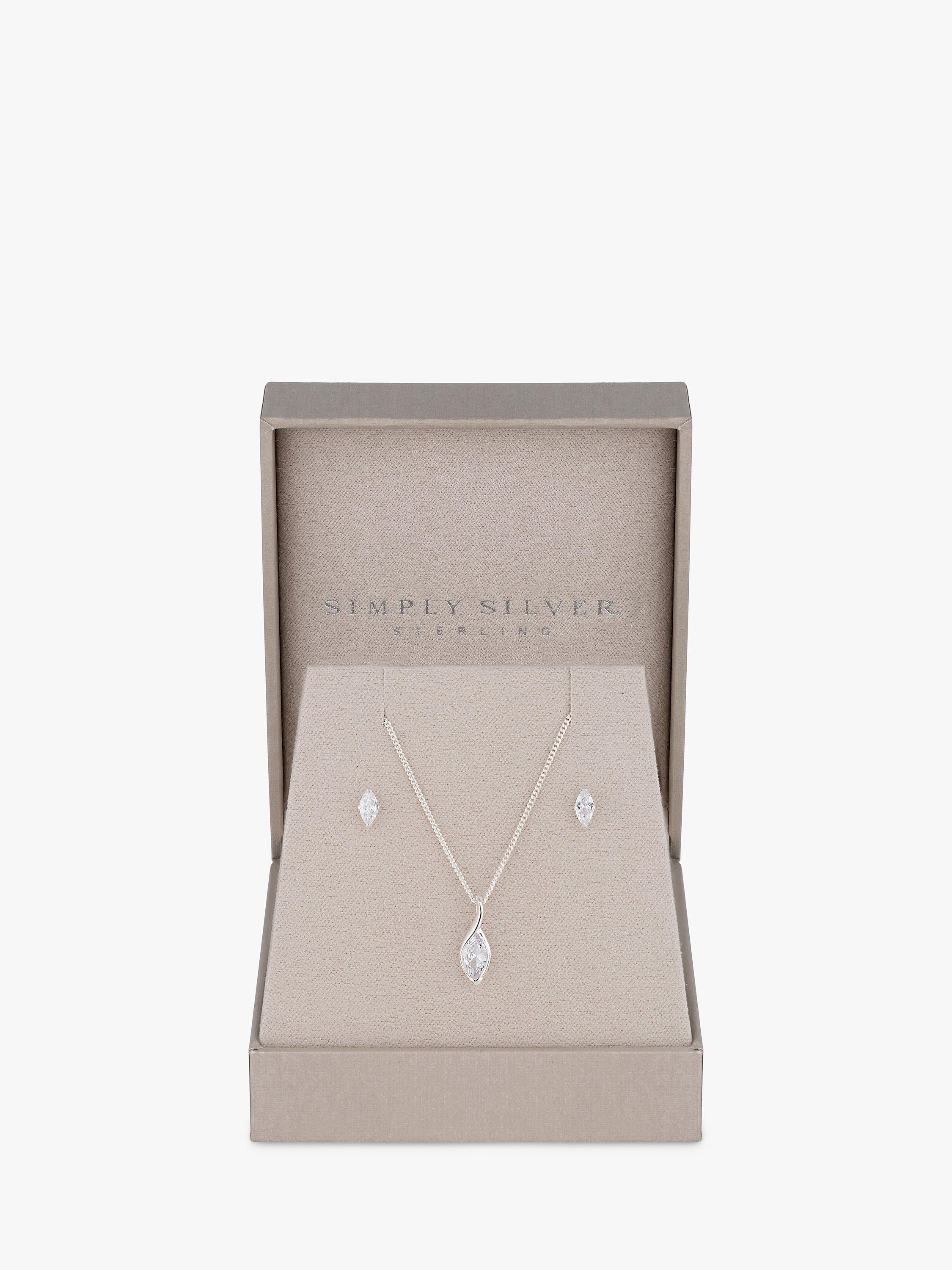 Product image 2 of 4, which shows Simply Silver Cubic Zirconia Marquisse Navette Pendant Necklace & Stud Earrings Jewellery Set, Silver