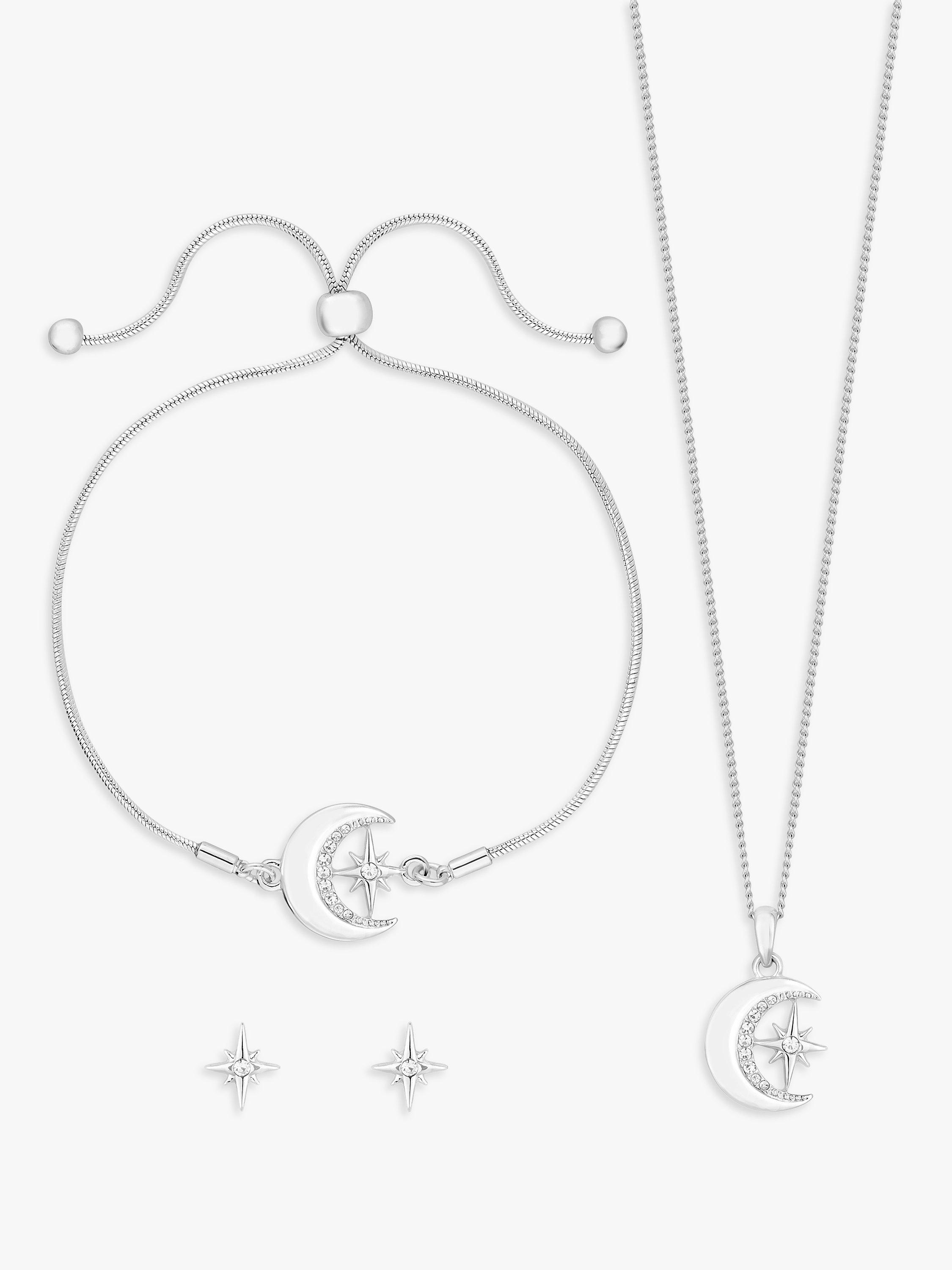 Product image 1 of 3, which shows Jon Richard Crystal Moon & Star Stud Earrings, Necklace and Bracelet Jewellery Gift Set, Silver