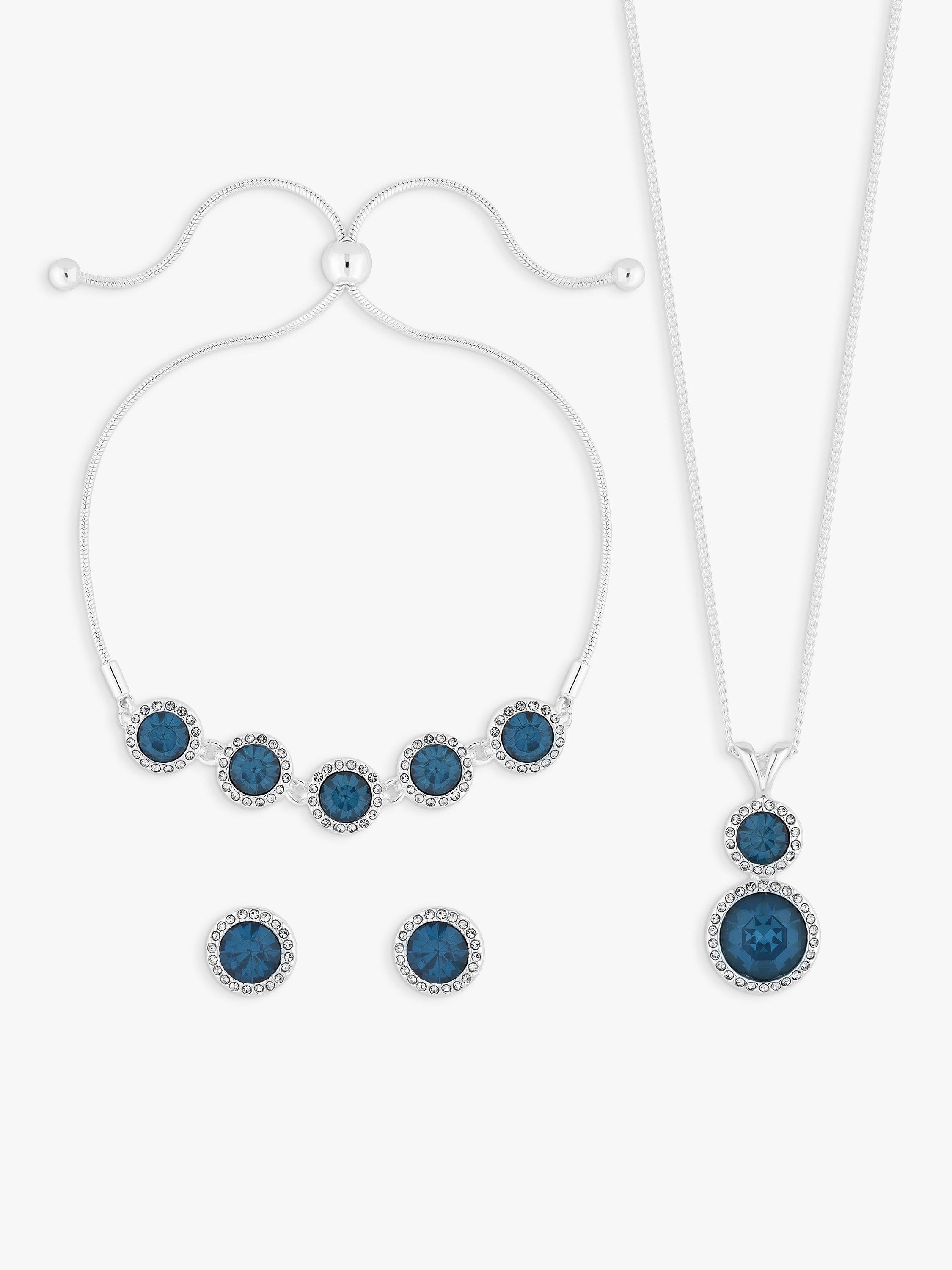 Product image 2 of 3, which shows Jon Richard Halo Stud Earrings, Necklace and Bracelet Jewellery Gift Set, Silver/Blue