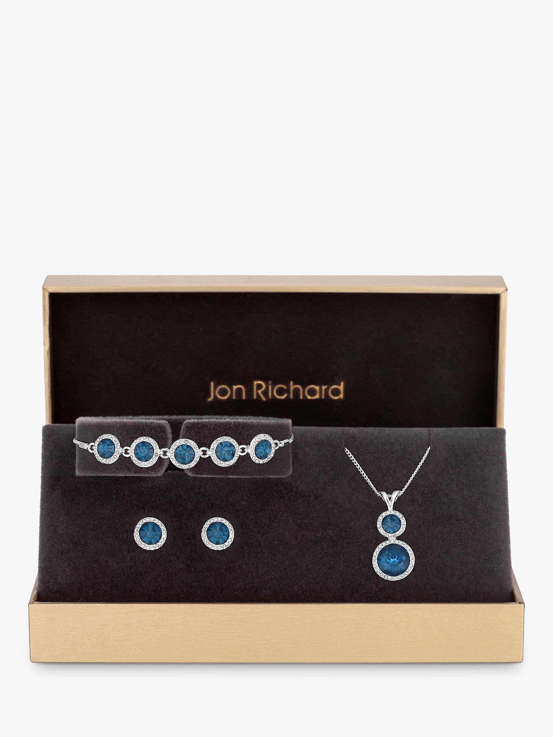 Product image 1 of 3, which shows Jon Richard Halo Stud Earrings, Necklace and Bracelet Jewellery Gift Set, Silver/Blue