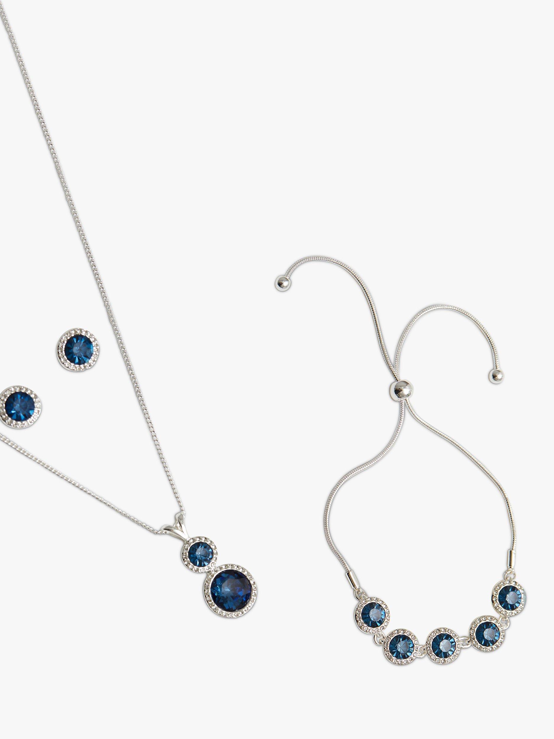 Product image 3 of 3, which shows Jon Richard Halo Stud Earrings, Necklace and Bracelet Jewellery Gift Set, Silver/Blue