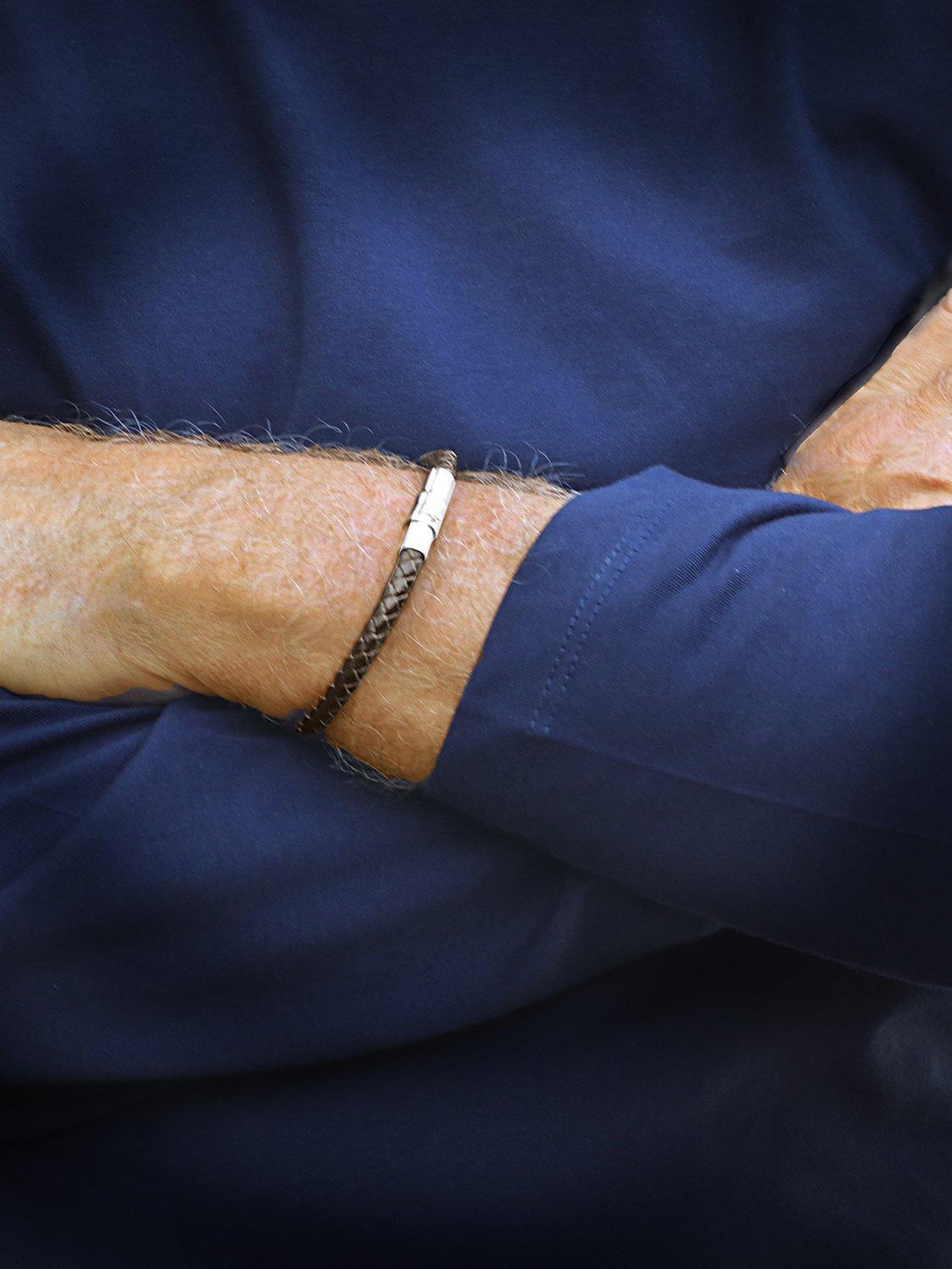 Product image 4 of 4, which shows Nina B Men's Strap Leather Bracelet, Silver/Brown