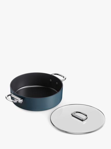 Joseph Joseph Space Folding Handle Aluminium Non-Stick Shallow Casserole & Lid, 28cm, Navy, Navy