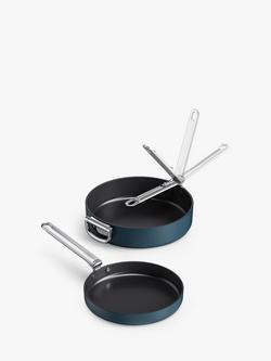 Joseph Joseph Space Folding Handle Aluminium Non-Stick Frying Pans, Set of 2, Navy, Navy