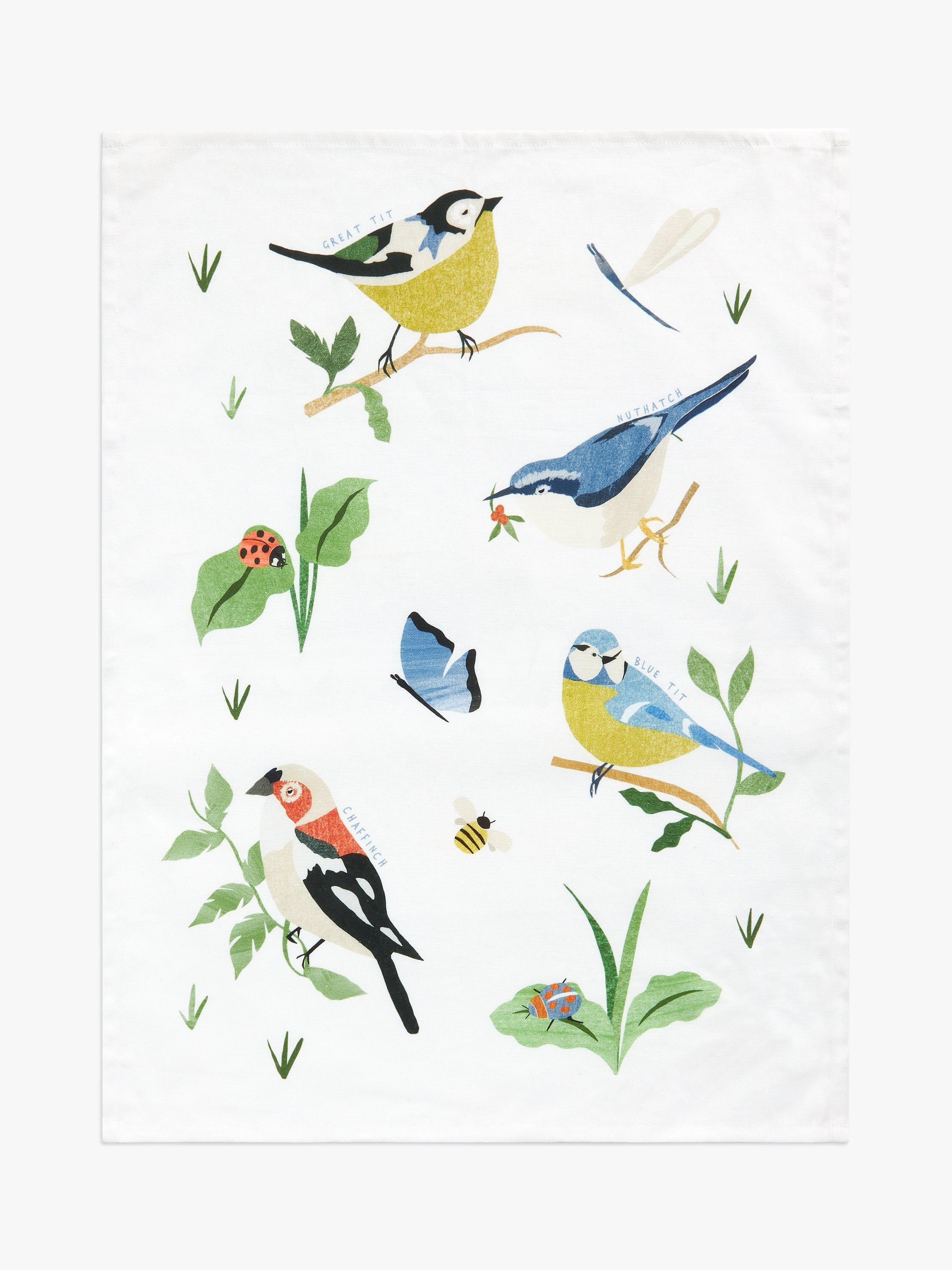 John Lewis Birds Bugs Print Cotton Tea Towel Multi