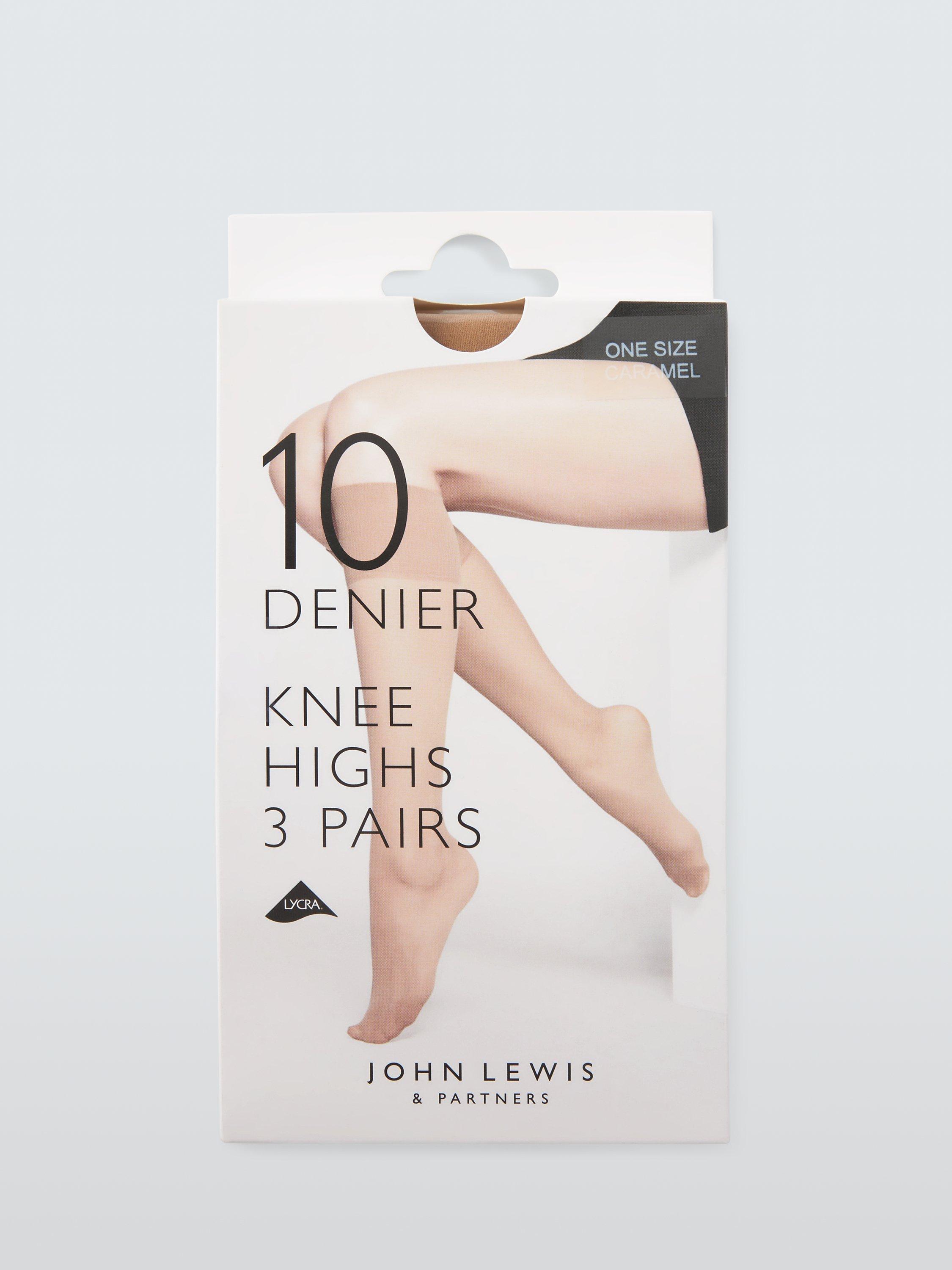 Product image 1 of 3, which shows John Lewis 10 Denier Knee-High Tights, Pack of 3, Caramel