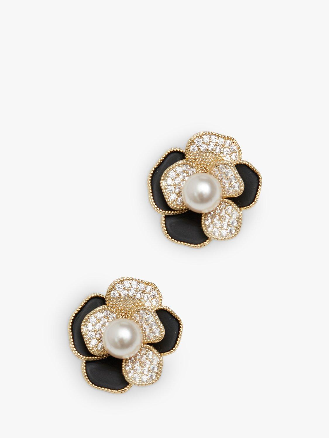 Product image 2 of 2, which shows Jon Richard Jet & Pearl Flower Stud Earrings, Gold