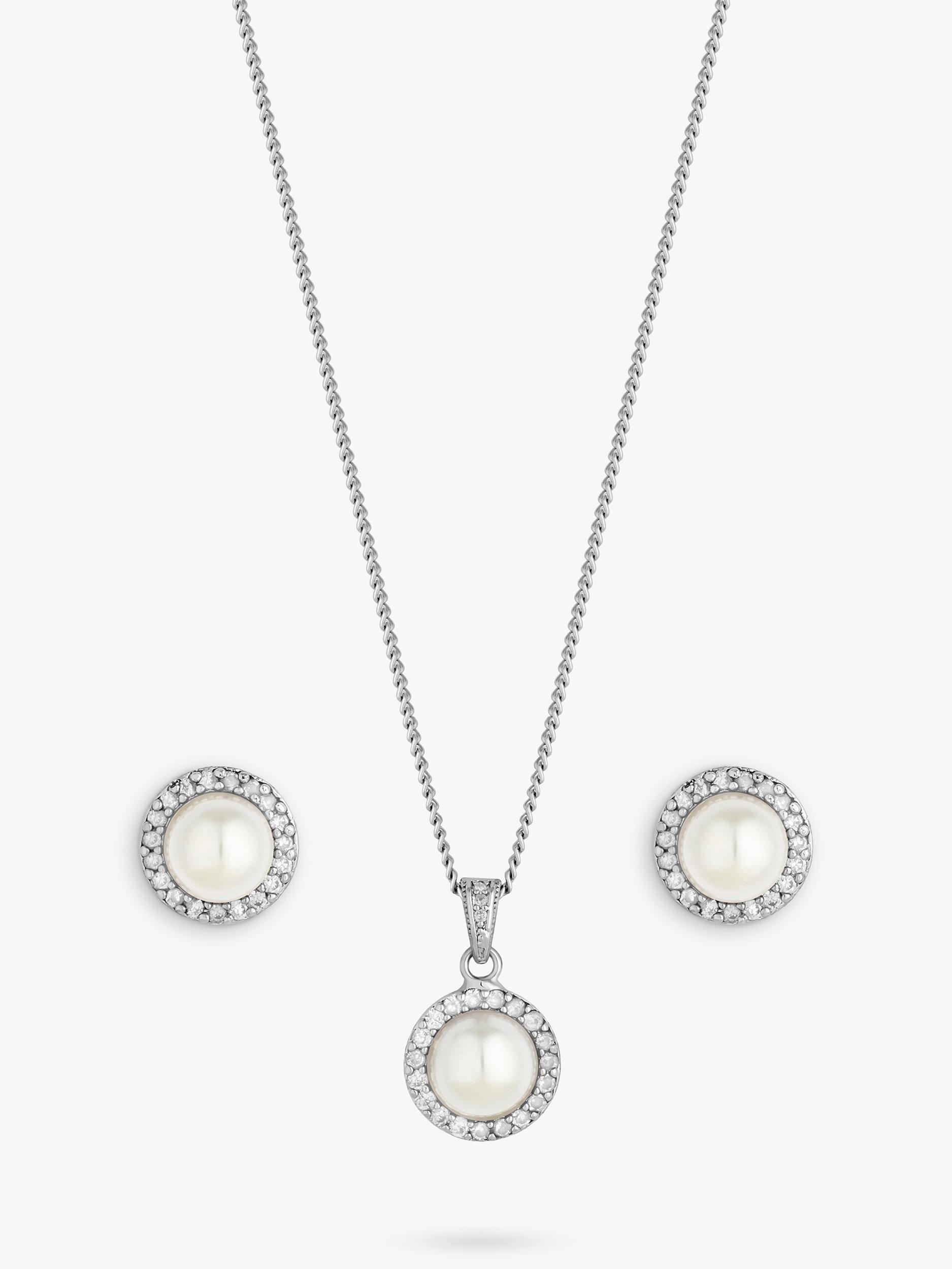 Product image 1 of 4, which shows Jon Richard Rhodium Plated Cubic Zirconia And Pearl Jewellery Set, Silver