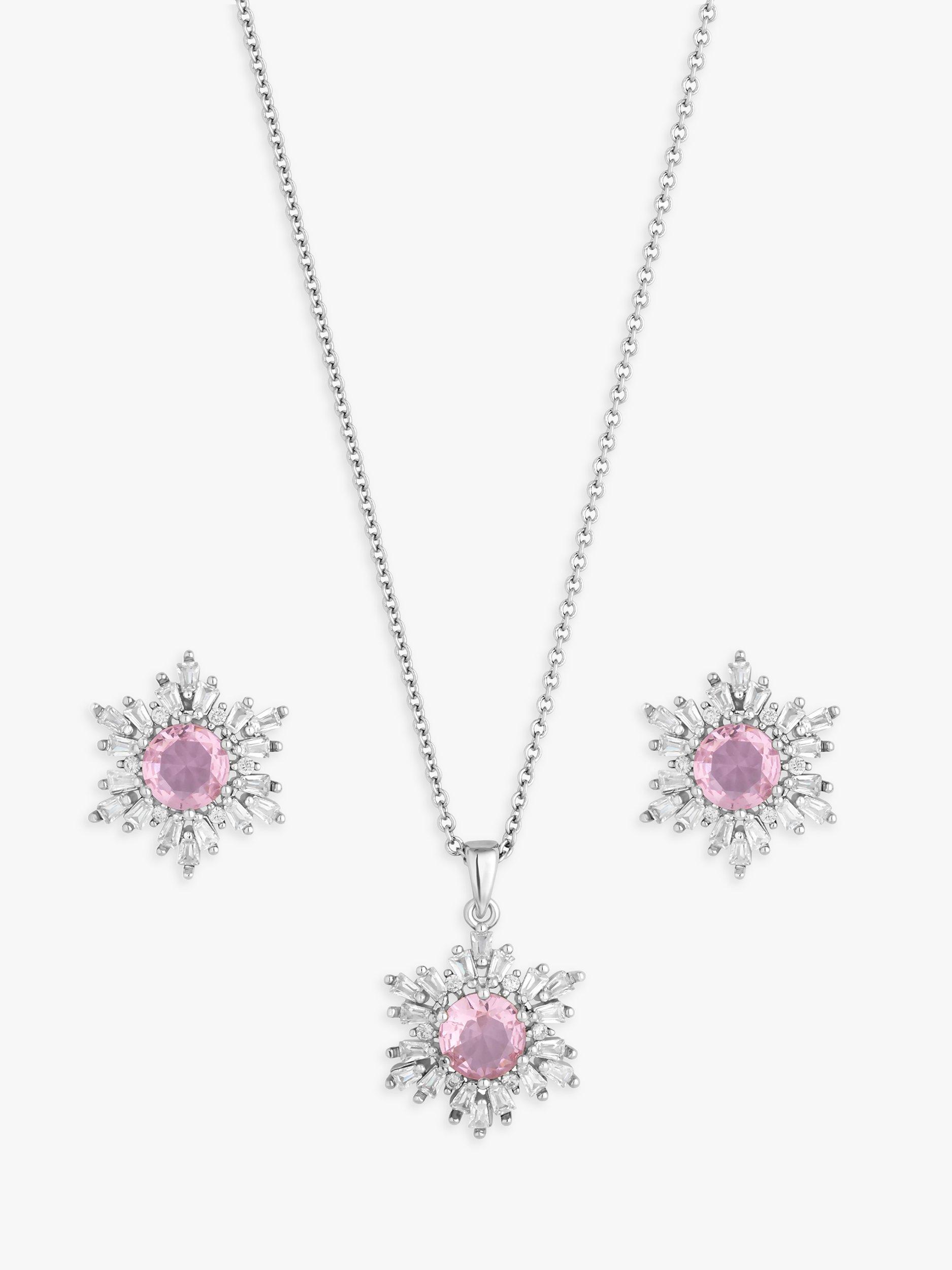 Jon Richard Cubic Zirconia Snowburst Stud Earrings and Pendant Necklace Jewellery Gift Set, Silver/Pink