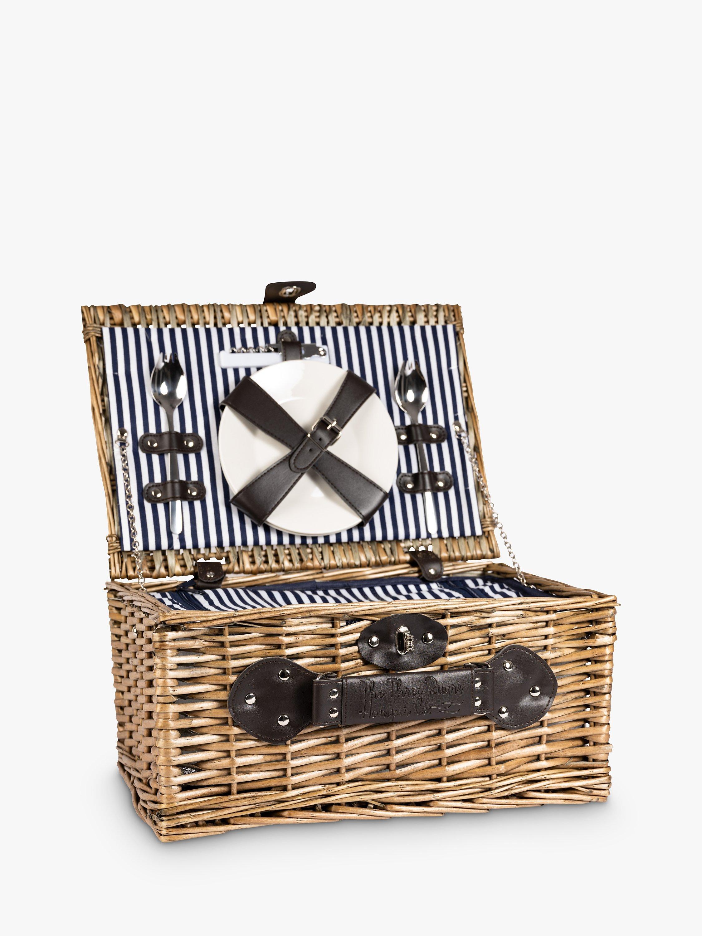 Navigate Three Rivers 2 Person Willow Wicker Filled Picnic Hamper, Navy/Natural