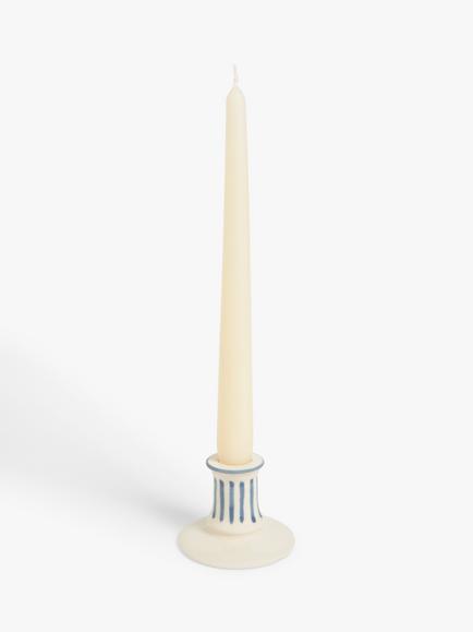 John Lewis Stripe Stoneware Candlestick Holder, Blue - view 2, Blue