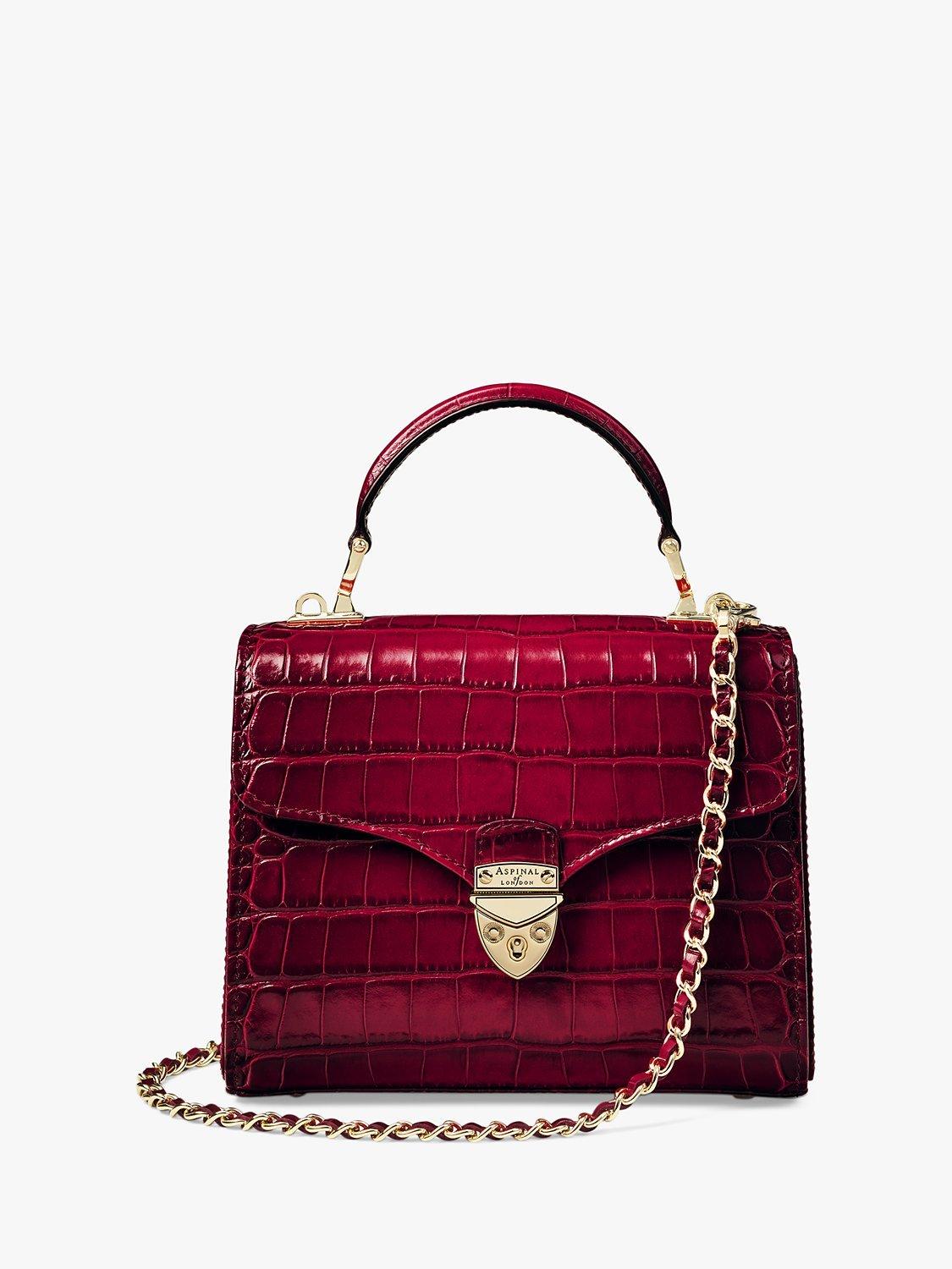 Product image 1 of 4, which shows Aspinal of London Midi Mayfair Croc Effect Leather Cross Body Bag, Cherry