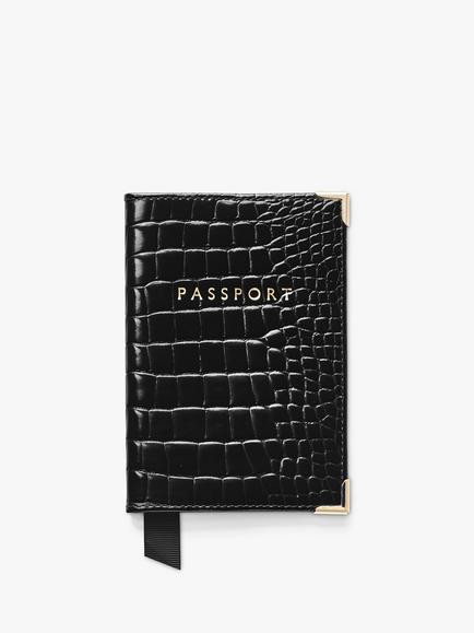 Aspinal of London Croc Effect Leather Passport Cover, Black