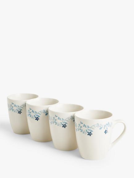 John Lewis ANYDAY Mila Floral Print Porcelain Mug, Set of 4, 350ml, Blue, Blue