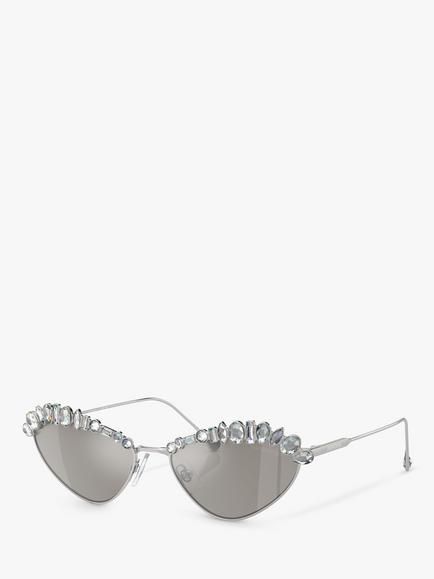 Swarovski SK7009 Women's Crystal Cat's Eye Sunglasses, Pale Gold/Mirror Orange, Silver/Mirror Grey