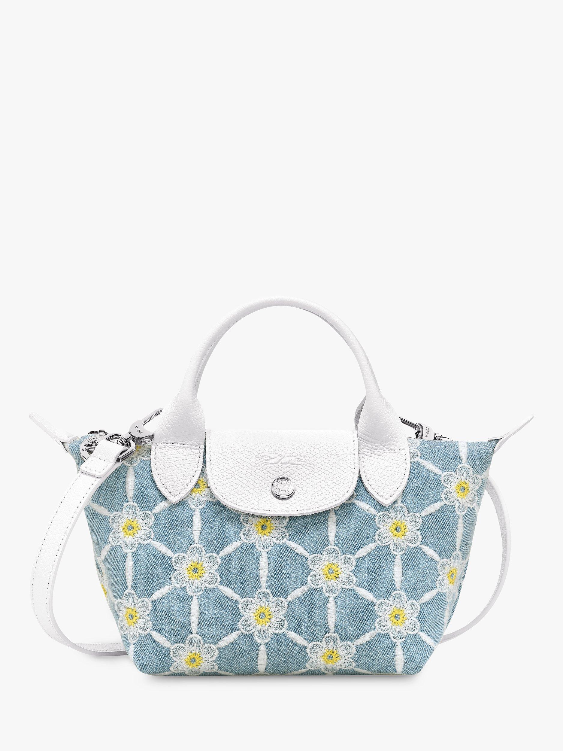 Longchamp Le Pliage Embroidered Daisy Denim Crossbody Bag, Sky Blue/Multi