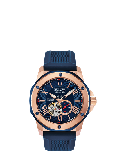 Bulova 98A227 Men's Marine Star Automatic Heartbeat Silicone Strap Watch, Blue, Blue