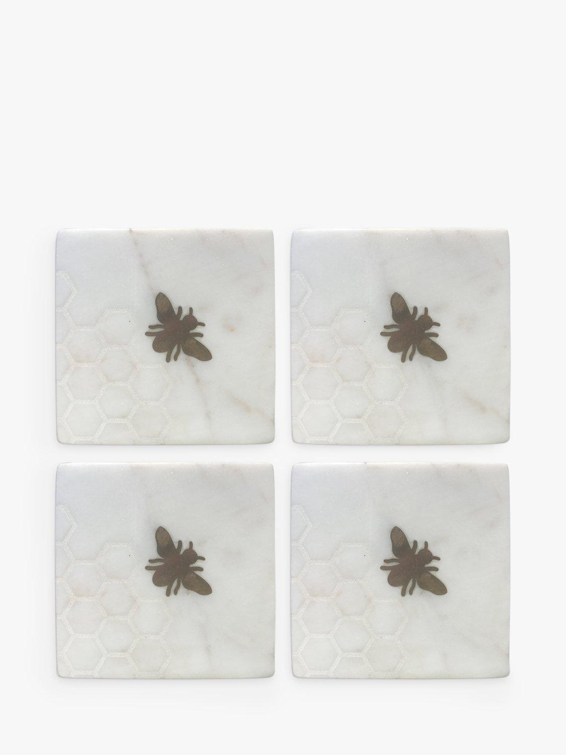Culinary Concepts Bee Marble Coasters, Set of 4, White/Brass