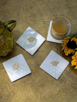 Culinary Concepts Bee Marble Coasters, Set of 4, White/Brass - view 2, Marble