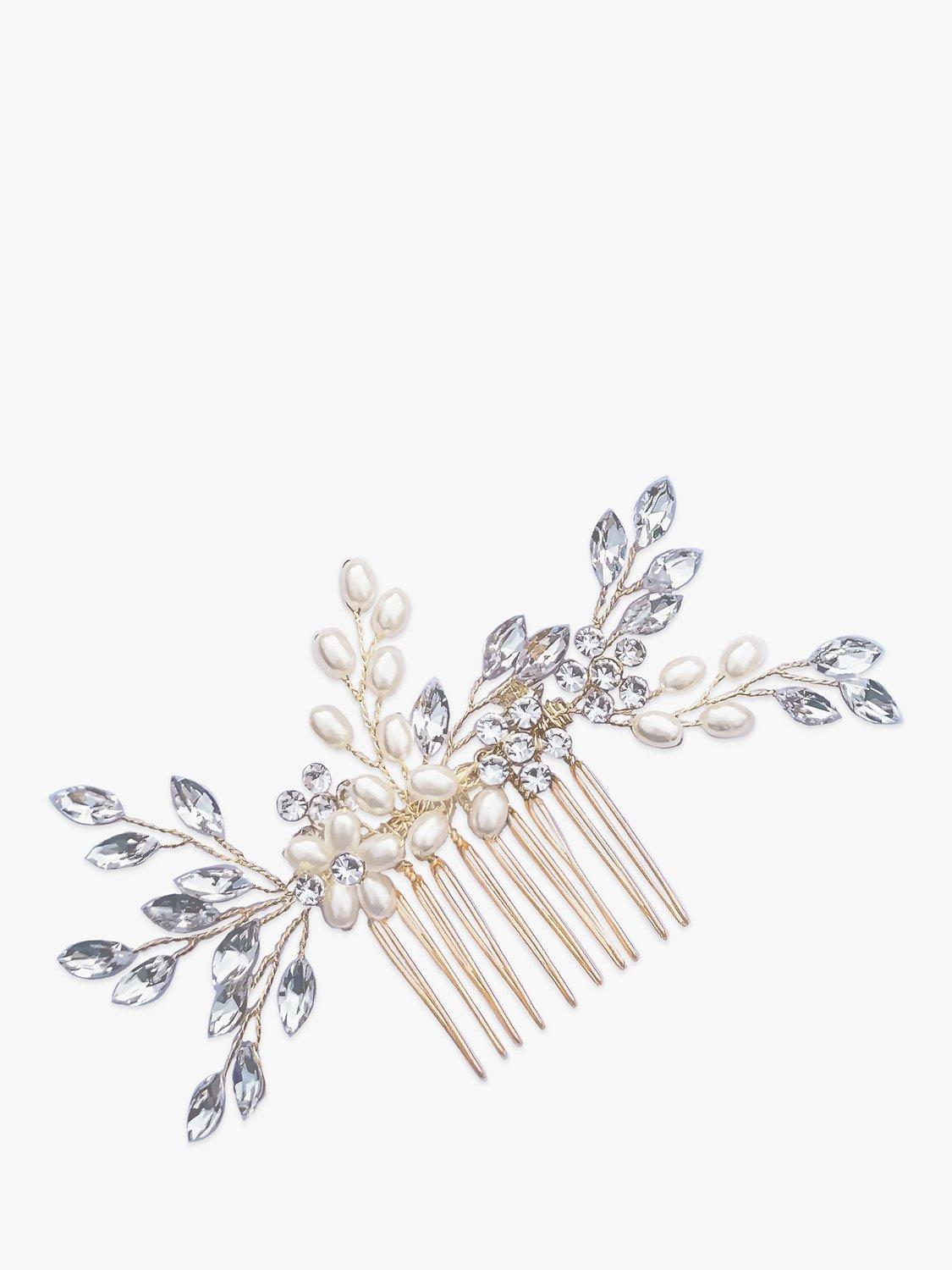 Product image 1 of 5, which shows Ivory & Co. Crystal and Faux Pearl Hair Comb, Gold