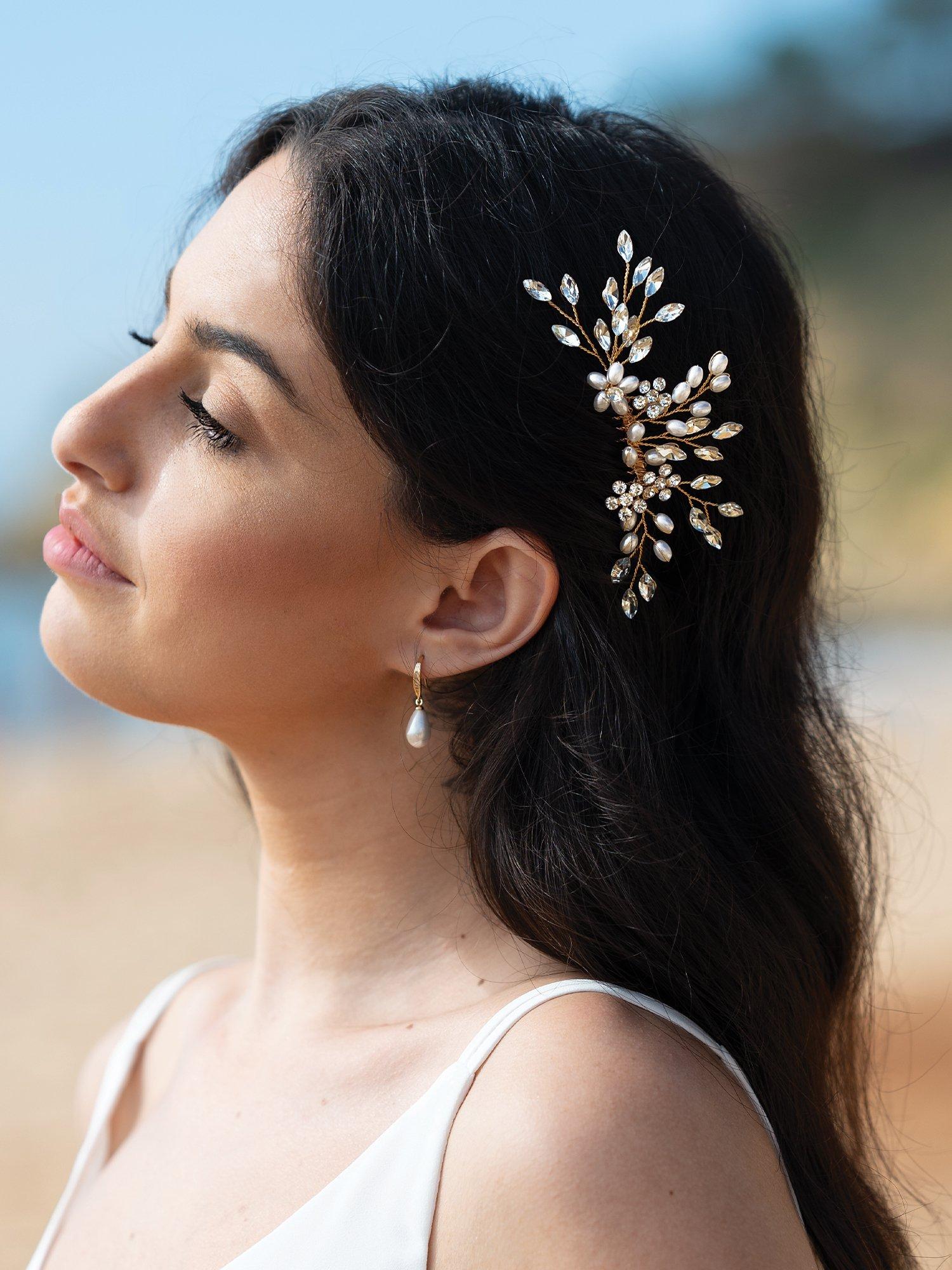 Product image 3 of 5, which shows Ivory & Co. Crystal and Faux Pearl Hair Comb, Gold