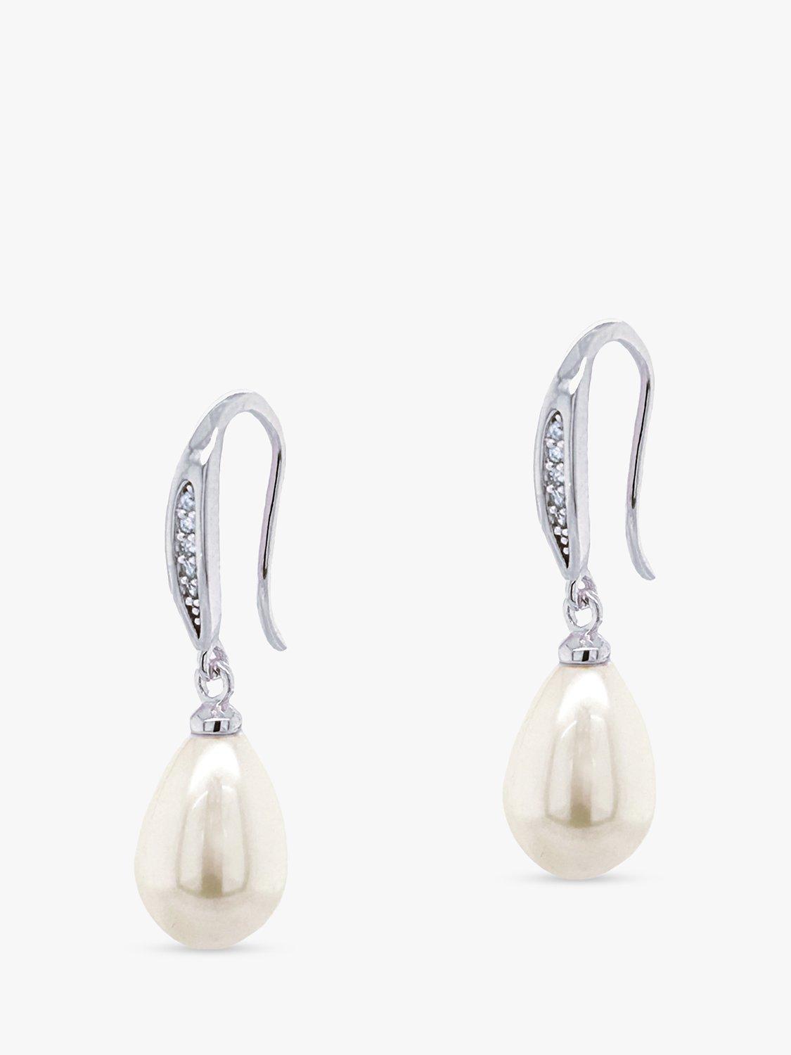Product image 1 of 5, which shows Ivory & Co. Crystal and Faux Pearl Drop Hook Earrings, Silver/White
