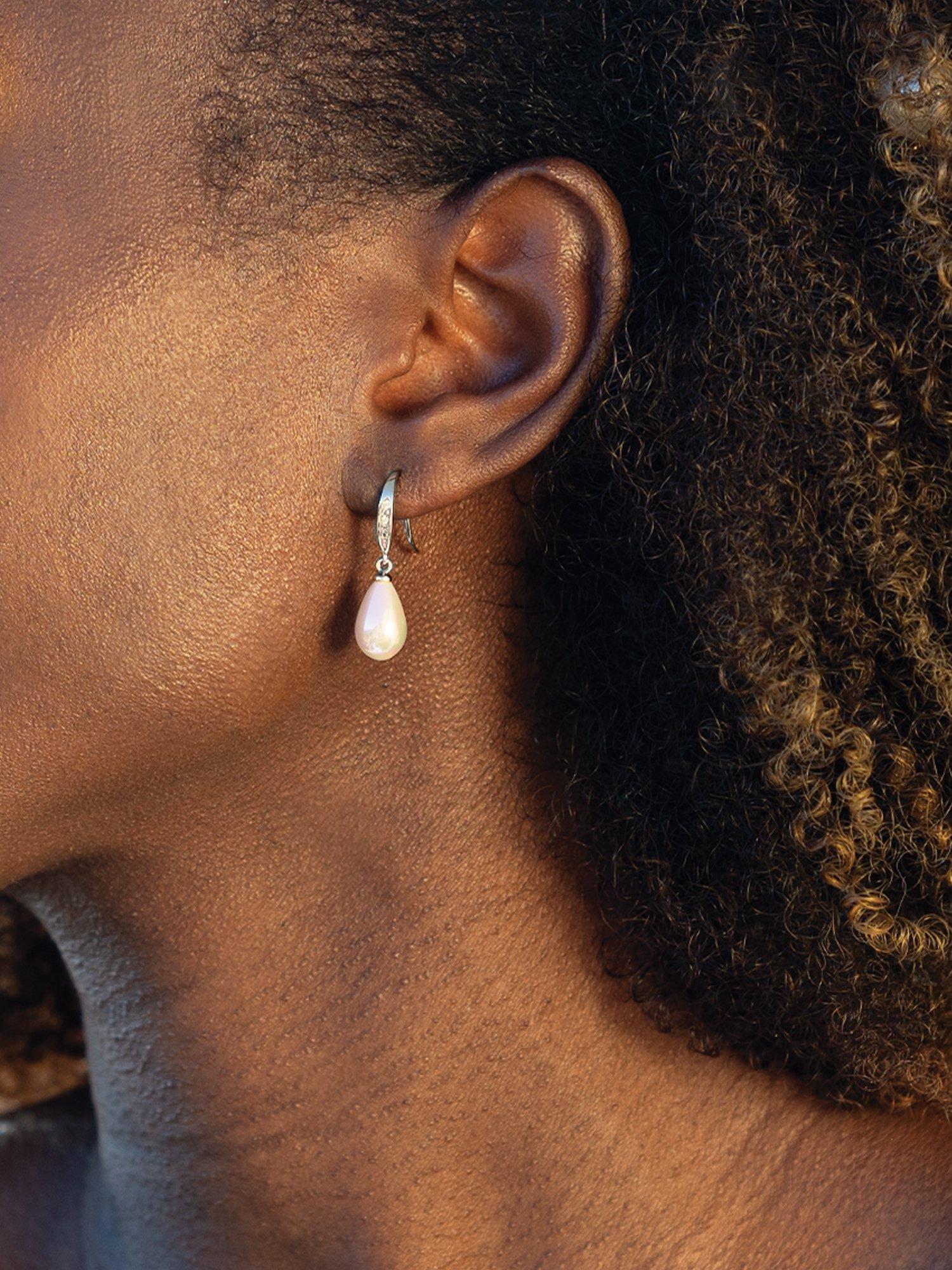 Product image 3 of 5, which shows Ivory & Co. Crystal and Faux Pearl Drop Hook Earrings, Silver/White