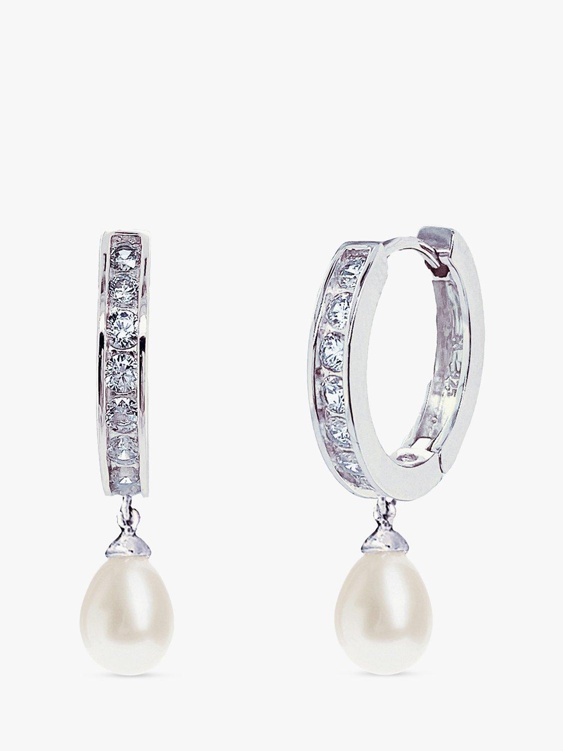 Product image 1 of 5, which shows Ivory & Co. Canterbury Crystal and Faux Pearl Hoop Earrings, Silver/White