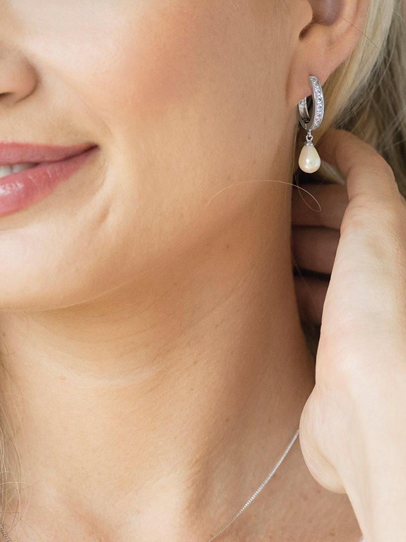Product image 4 of 5, which shows Ivory & Co. Canterbury Crystal and Faux Pearl Hoop Earrings, Silver/White