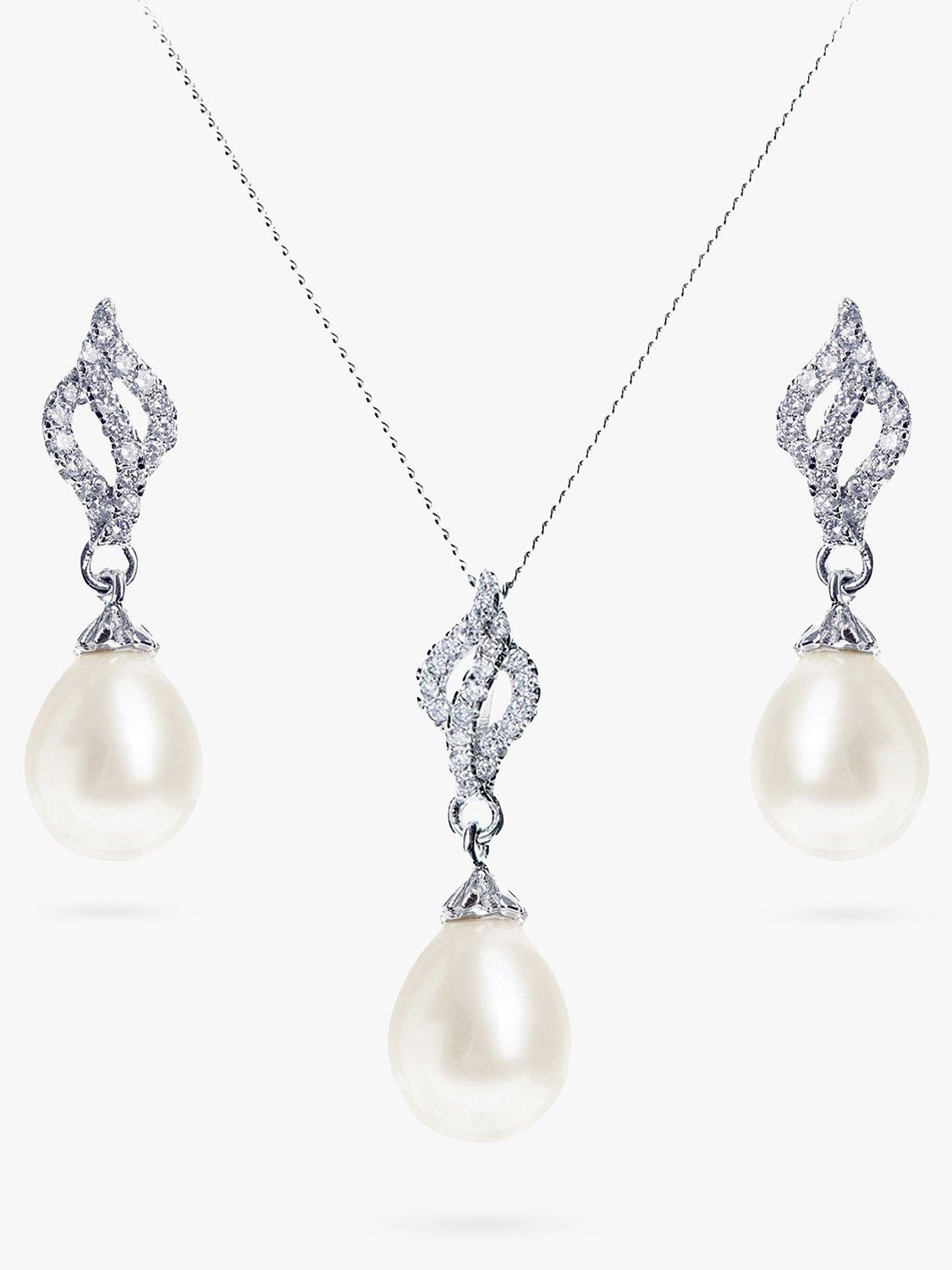 Product image 1 of 5, which shows Ivory & Co. Lisbon Faux Pearl and Crystal Drop Earrings and Pendant Necklace Jewellery Set, Silver/White