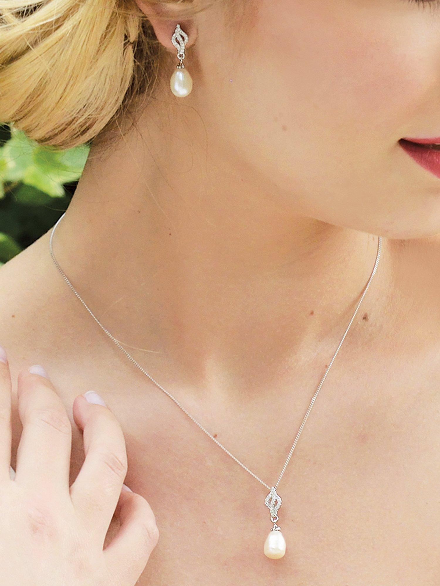Product image 3 of 5, which shows Ivory & Co. Lisbon Faux Pearl and Crystal Drop Earrings and Pendant Necklace Jewellery Set, Silver/White