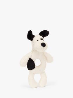 Jellycat Bashful Puppy Ring Rattle Soft Toy, Black/Cream, Black/Cream