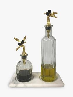Culinary Concepts Olive Collection Oil & Vinegar Glass Decanter Set with Marble Base, Clear/Brass, Clear/Brass