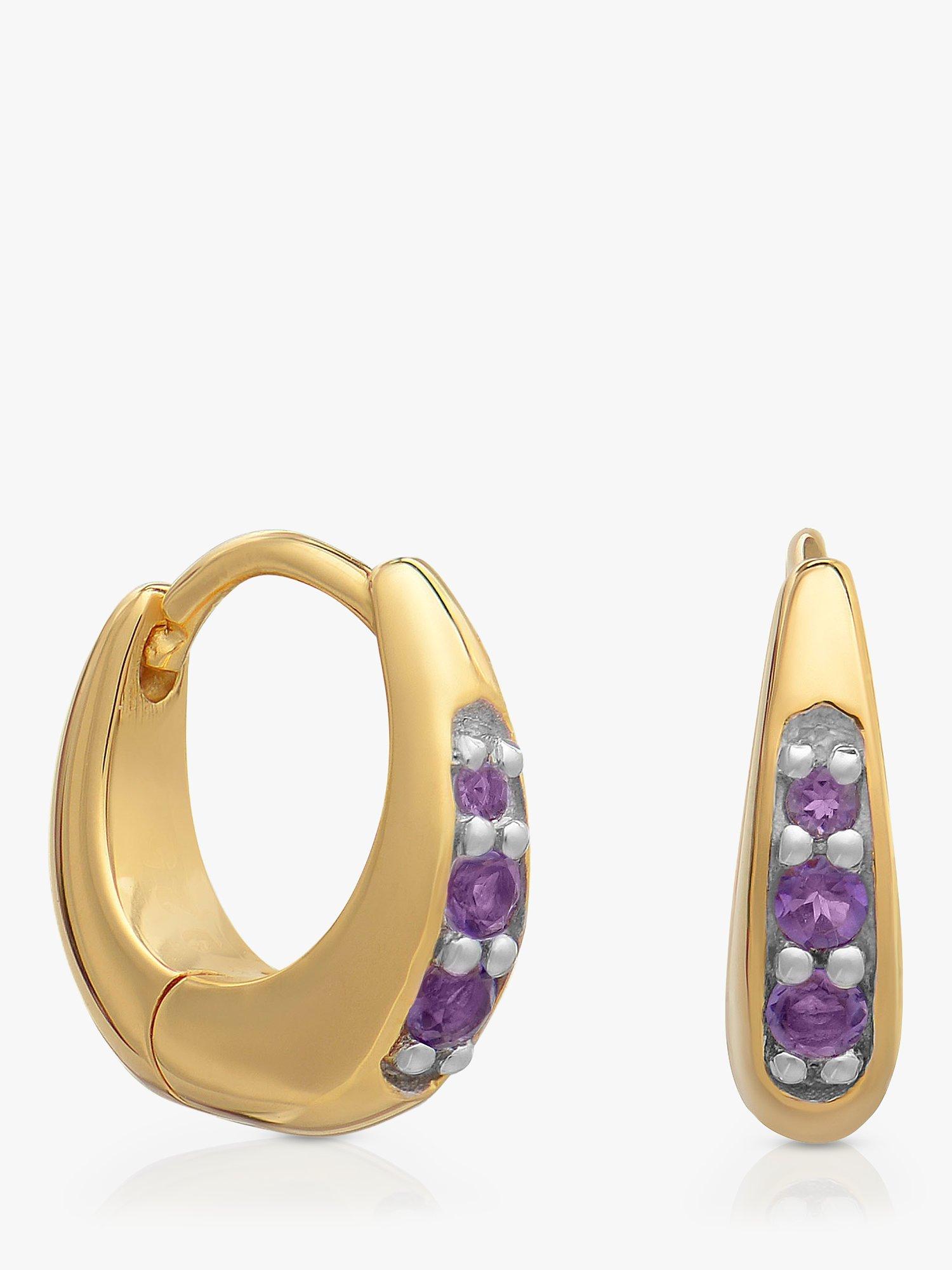 Rachel Jackson London Birthstone Huggie Hoop Earrings, Gold, Amethyst - February