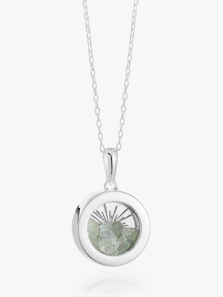 Rachel Jackson London Personalised Small Deco Sun Birthstone Amulet Necklace, Silver, Aquamarine - March