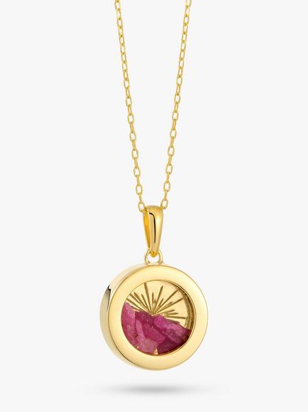 Rachel Jackson London Personalised Small Deco Sun Birthstone Amulet Necklace, Gold, Ruby - July