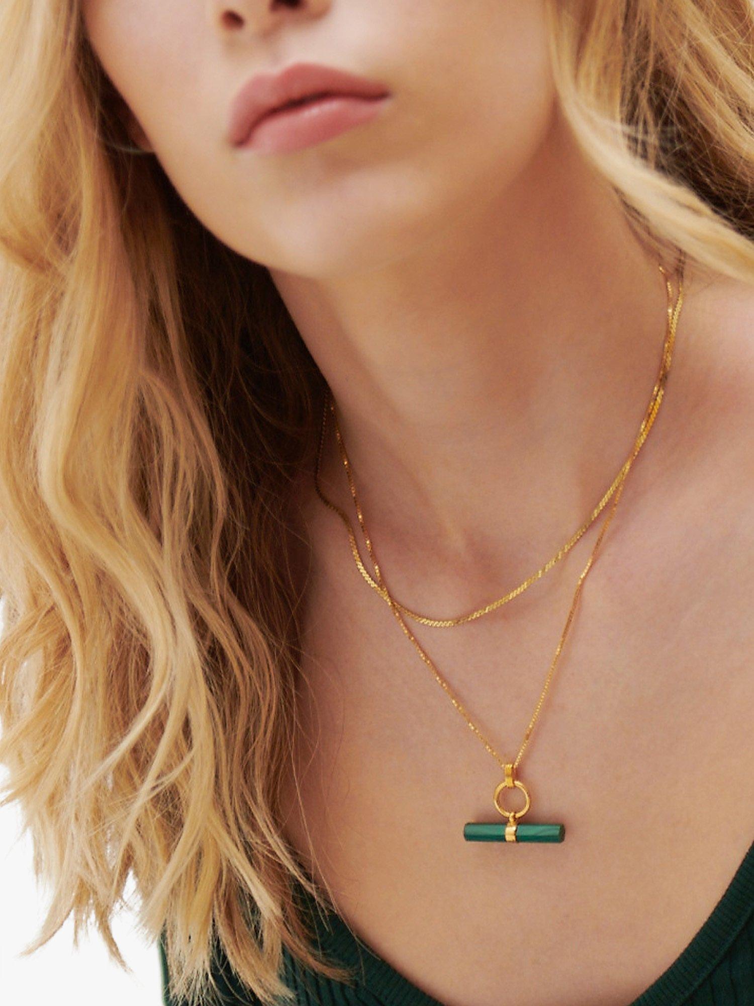 Product image 2 of 4, which shows Rachel Jackson London Protection T-Bar Malachite Necklace, Gold