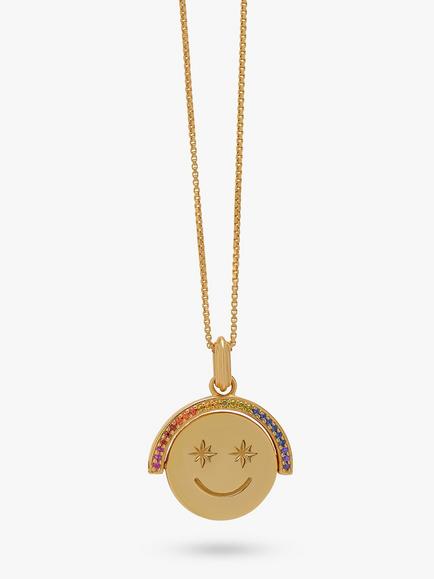 Rachel Jackson London Rainbow Smiley Face Spinning Necklace, Gold, Gold