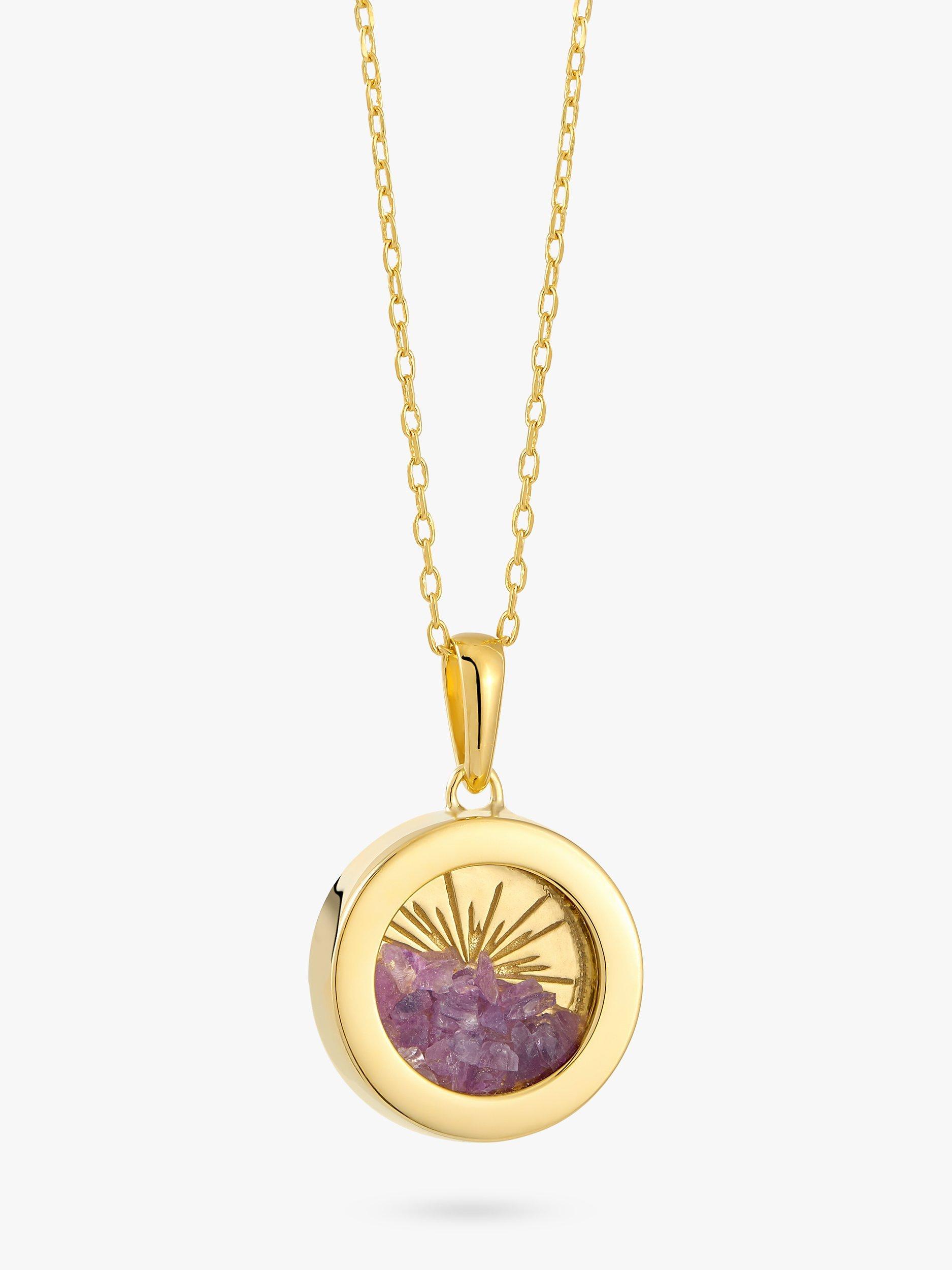 Product image 1 of 4, which shows Rachel Jackson London Personalised Small Deco Sun Birthstone Amulet Necklace, Gold, Amethyst - February