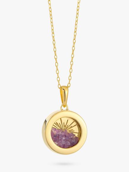 Rachel Jackson London Personalised Small Deco Sun Birthstone Amulet Necklace, Gold, Amethyst - February