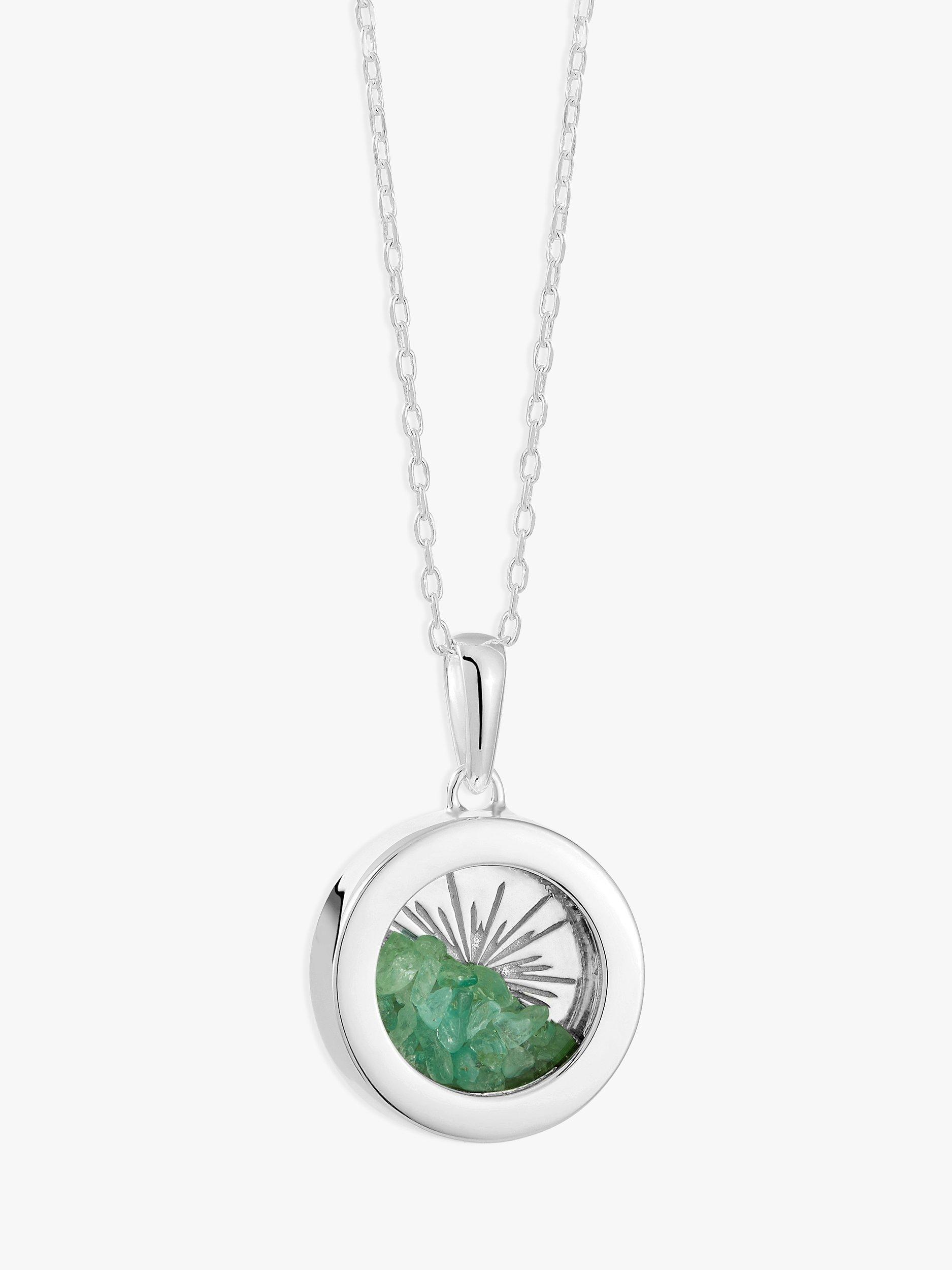 Product image 1 of 4, which shows Rachel Jackson London Personalised Small Deco Sun Birthstone Amulet Necklace, Silver, Emerald - May