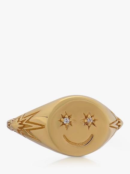 Rachel Jackson London Ride or Die Smiley Face Pinky Signet Ring, Gold, Gold