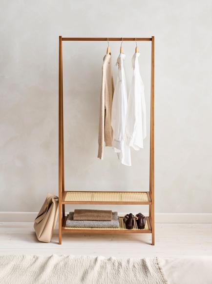 John Lewis Poly Rattan and Bamboo Clothes Rail, Cherry Wood - view 2, Cherry Wood/Rattan