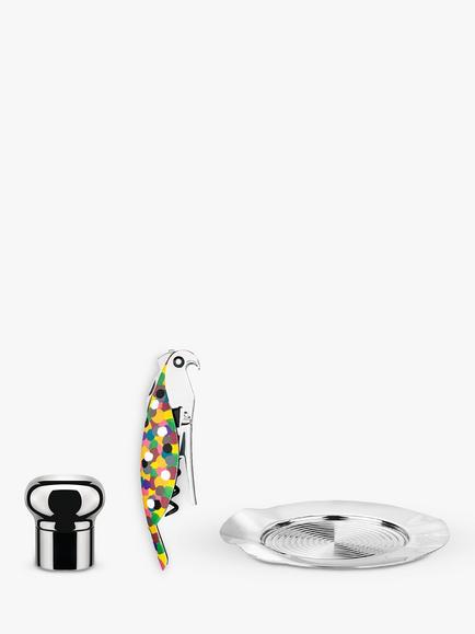 Alessi Parrot Corkscrew & Wine Bottle Stopper Gift Set, Silver/Multi, Silver/Multi