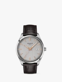 Tissot T1504101603100 Men's PR 100 Date Leather Strap Watch, Brown/Silver, Brown/Silver