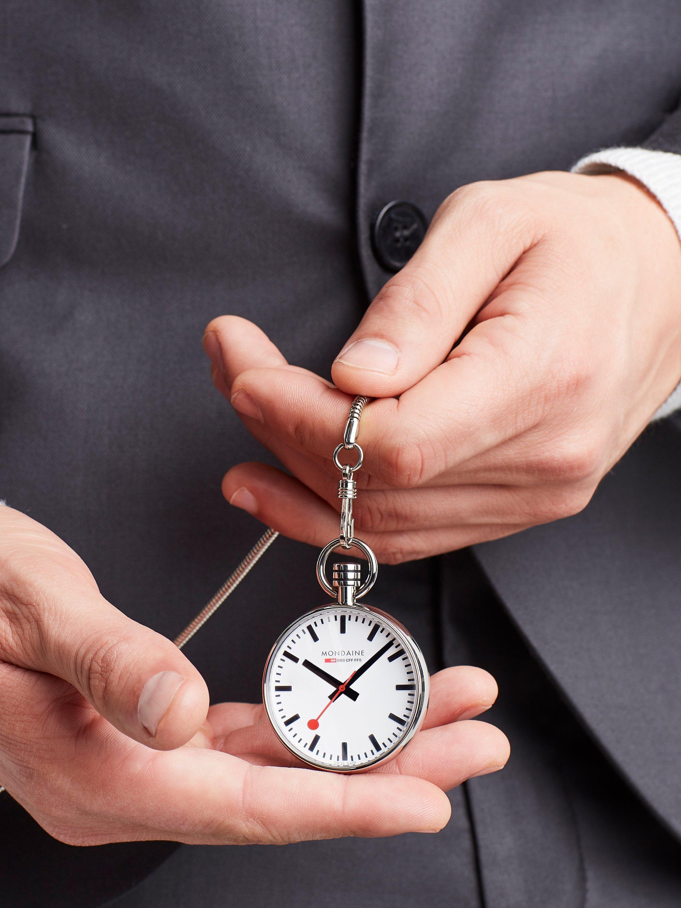 Product image 7 of 7, which shows Mondaine A660.30316.11SBB Men's Snake Chain Strap Pocket Watch, Silver/White